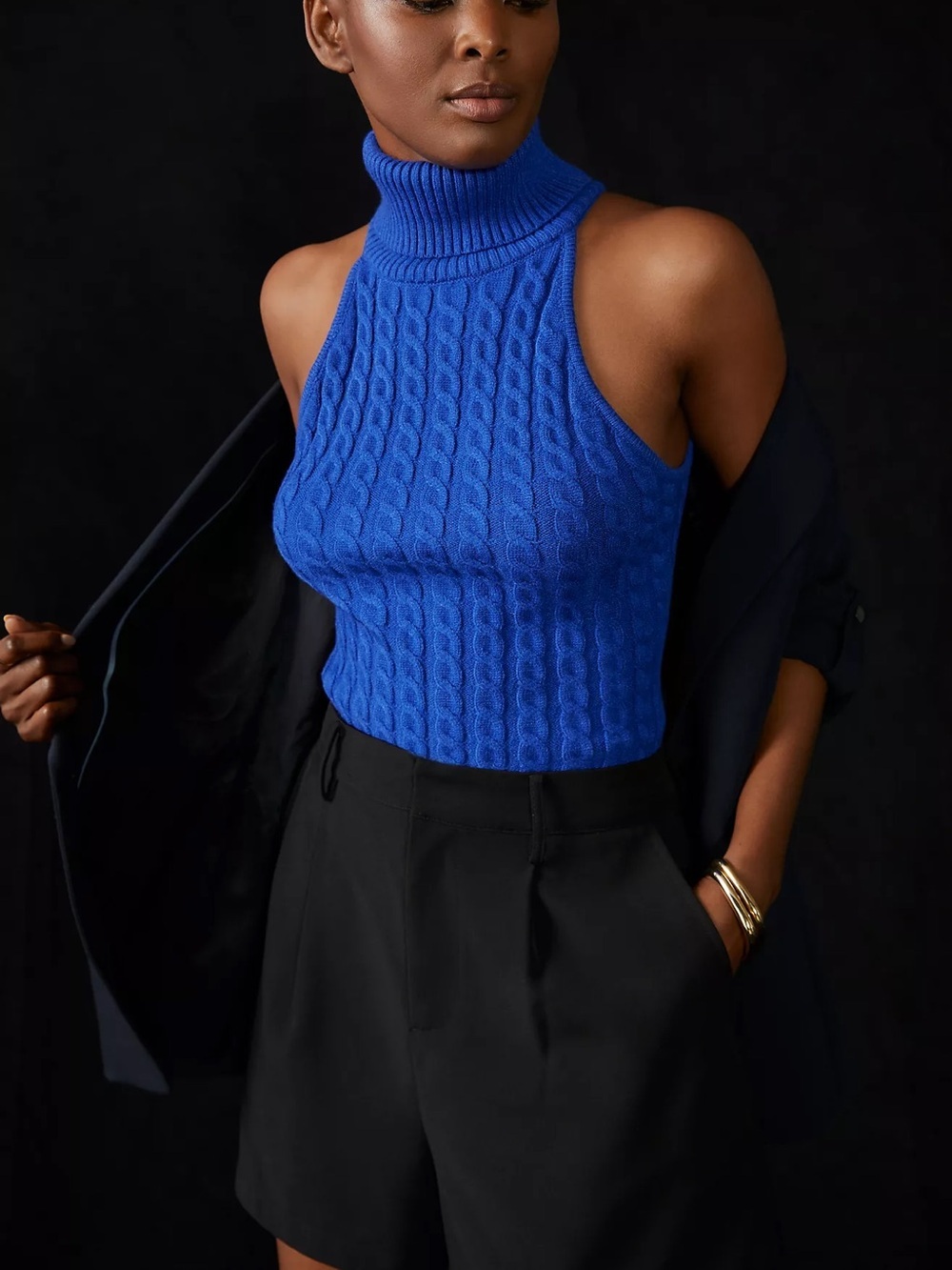 Anthropologie Blue Cable Knit Sleeveless Turtleneck Sweater Tank XS
